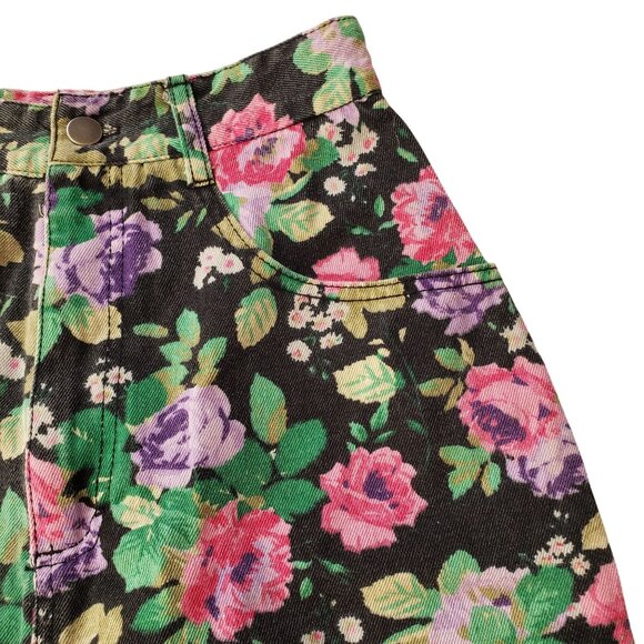 Vintage 80s 90s Floral Denim Skirt XS Breaker Jeans Pinch Waist Retro Mini - Picture 4 of 8